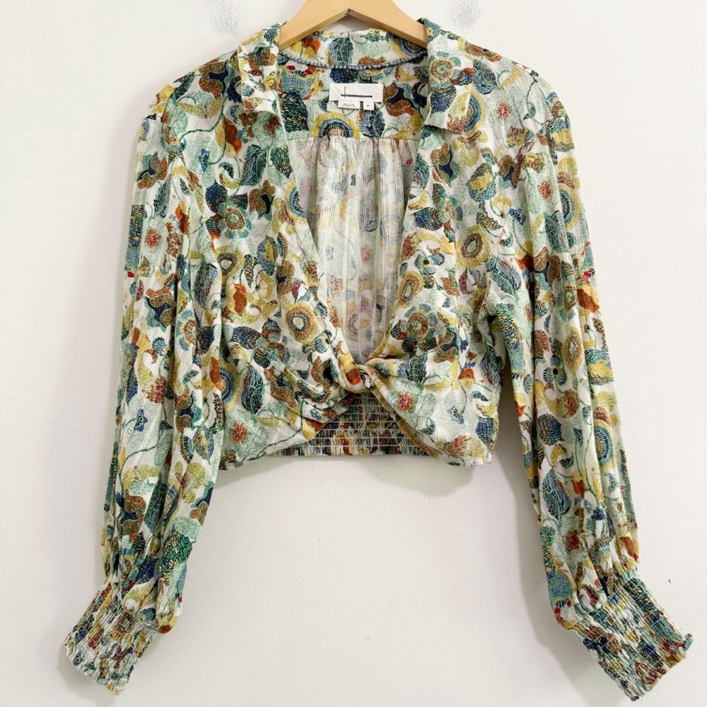 Anthropologie Twist Front Puff Sleeve Cropped Top Size XS